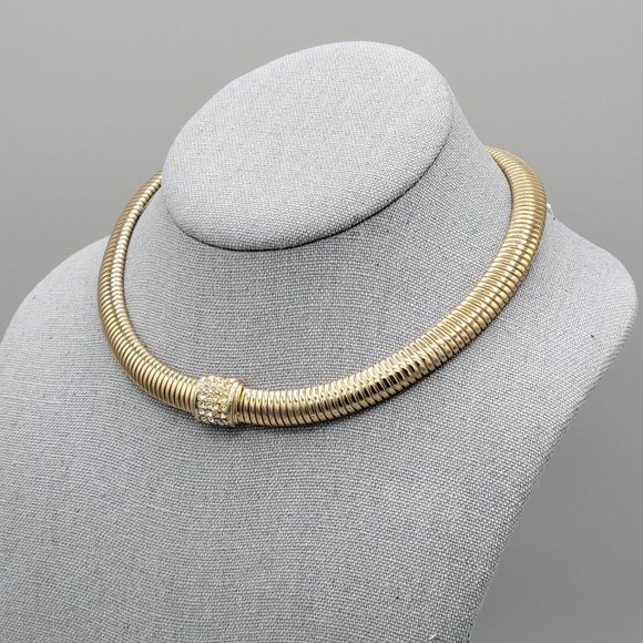 Womens Gold Tone Metal Chunky Omega Choker Necklace Rhinestone Details 15 in - Picture 2 of 7